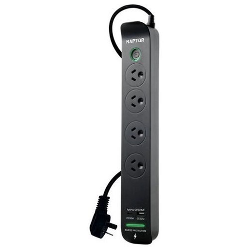 Raptor 4 Outlet Surge Protected Power Board w/ QC3.0 USB-A & USB-C PD Charge Ports