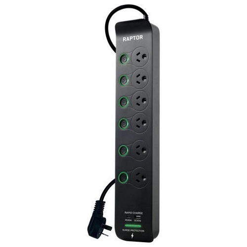 Raptor 6 Outlet Switched Surge Protected Power Board w/ QC3.0 USB-A & USB-C PD Charge Ports