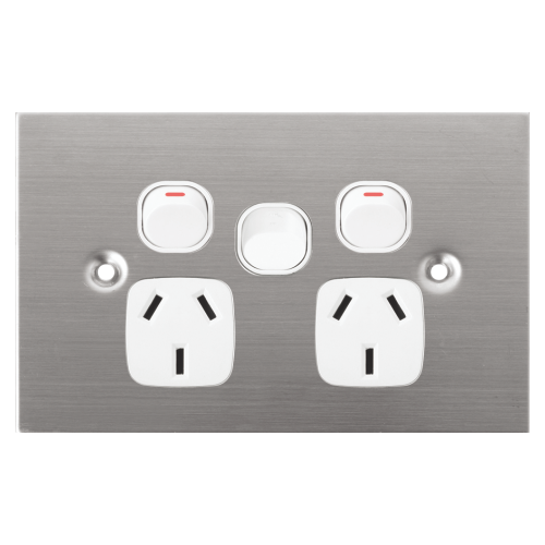 White Stainless Steel GPO Dual Power Point 10A with Extra Switch 15A